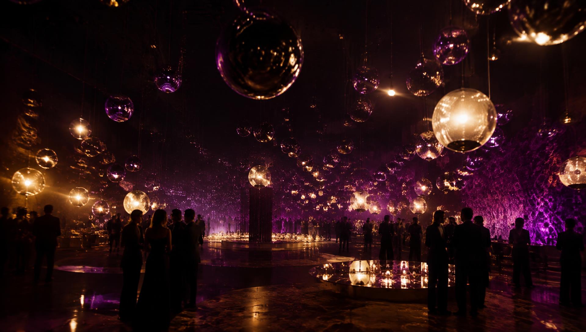 Guests inside a room of glowing suspended light orbs